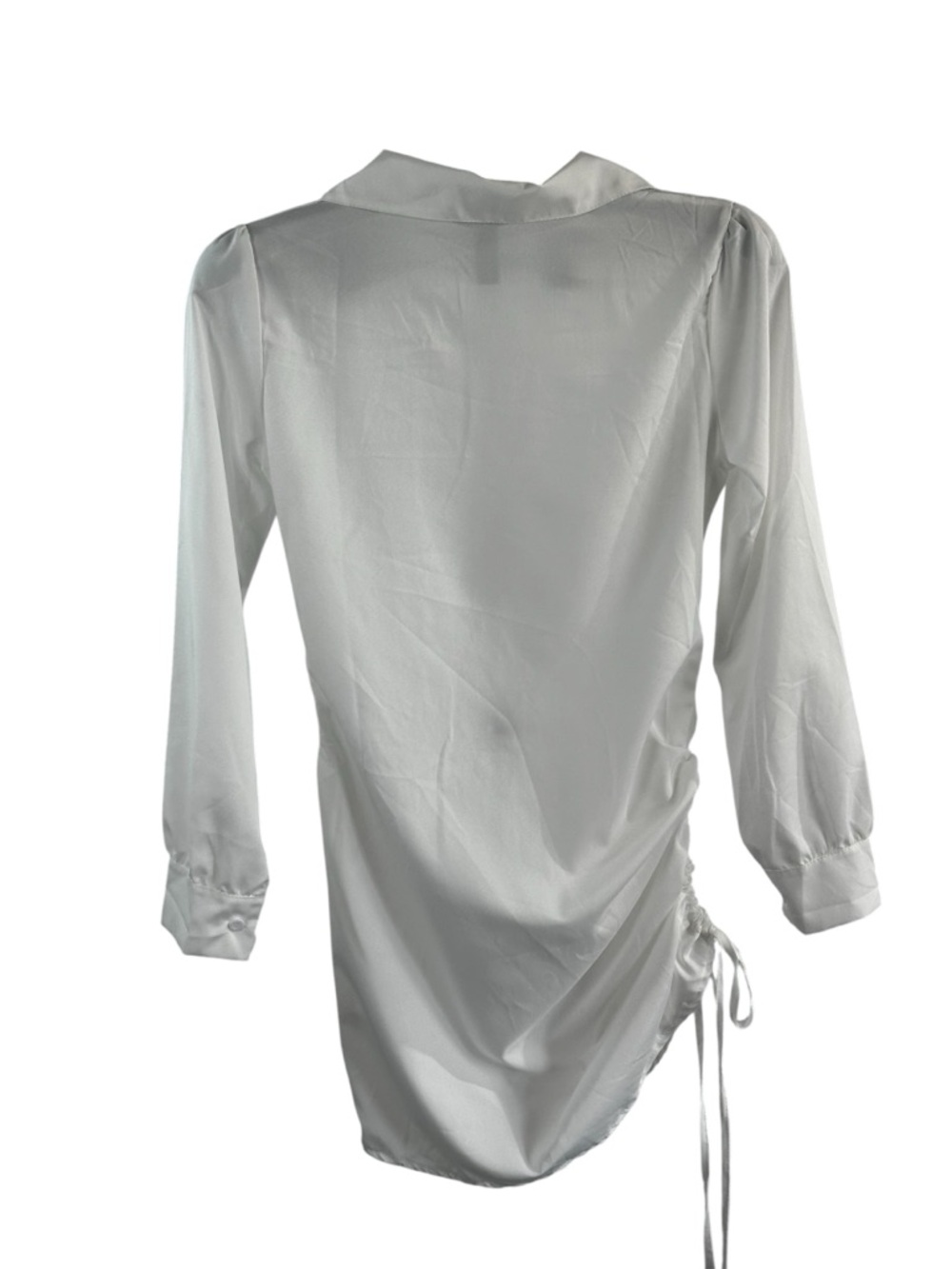 White Satin-Look Ruched Shirt Dress Minimalist Chic Side Tie Button Front Sz S - Picture 2 of 11